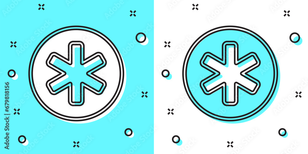 Sticker Black line Medical symbol of the Emergency - Star of Life icon isolated on green and white background. Random dynamic shapes. Vector