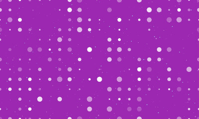 Seamless background pattern of evenly spaced white nonagon symbols of different sizes and opacity. Vector illustration on purple background with stars