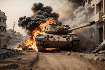 Tank in Flames Amidst Urban Chaos