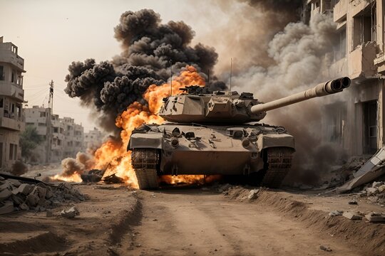 Tank in Flames Amidst Urban Chaos