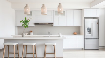 Fototapeta na wymiar a kitchen with white cabinets and white countertops