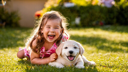 A little girl in a one-off dress having fun with her dog, lounging with her golden retriever on a green lawn in the warm sunshine. A sincere bond of friendship between people and pets. Generative AI