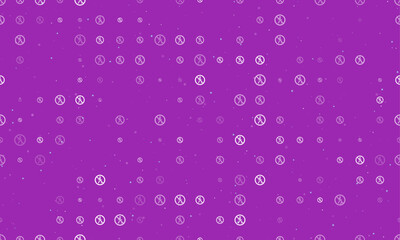 Seamless background pattern of evenly spaced white pedestrian traffic prohibited signs of different sizes and opacity. Vector illustration on purple background with stars