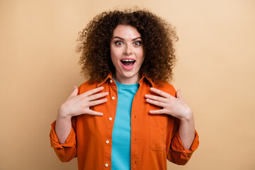 Photo of cheerful excited girl wear stylish clothes rejoice impressed unbelievable unexpected offer...