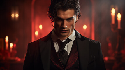 attractive male vampire in a classic suit. protagonist  character of a romantic fantasy novel