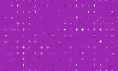 Seamless background pattern of evenly spaced white airplane symbols of different sizes and opacity. Vector illustration on purple background with stars