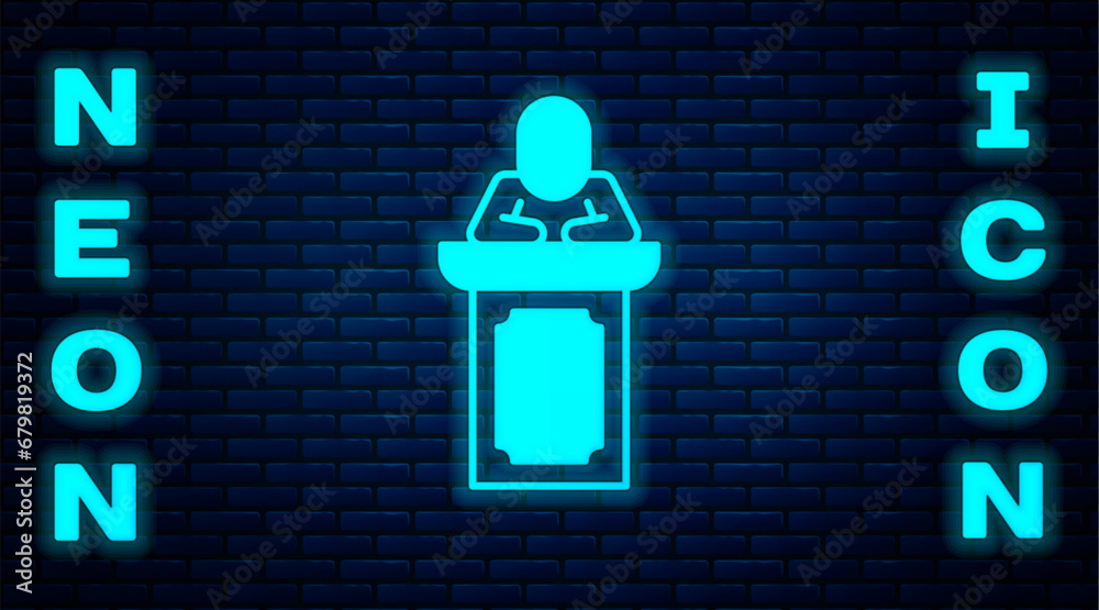 Sticker Glowing neon Auction auctioneer sells icon isolated on brick wall background. Auction business, bid and sale. Vector