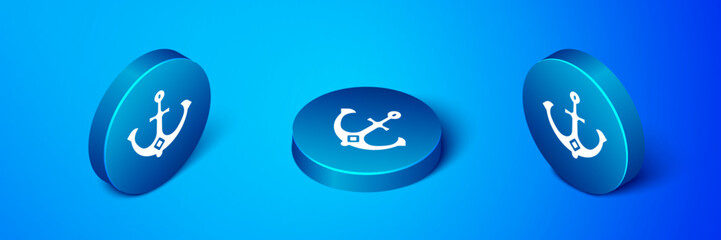 Isometric Anchor icon isolated on blue background. Blue circle button. Vector