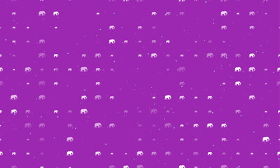 Seamless background pattern of evenly spaced white elephant symbols of different sizes and opacity. Vector illustration on purple background with stars