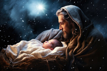 Nativity story - Joseph, Mary and newborn baby Jesus Christ. Christian Christmas scene with holy...