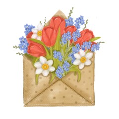 Watercolor envelope with spring flowers, tulips, forget me not flowers, daffodils. Hand painted illustration isolated on white background. Spring bouquet. Greeting card, birthday, woman’s day.