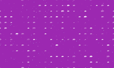 Seamless background pattern of evenly spaced white rhino symbols of different sizes and opacity. Vector illustration on purple background with stars