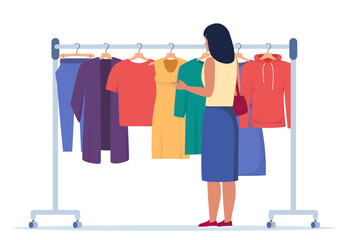 Clothes hang on a hanger. Fashion boutique, assortment showroom. Woman stands in front of clothes rack and chooses clothes. Dress, tunic, blouse on hangers. Vector illustration.
