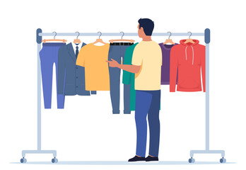 Clothes hang on a hanger. Fashion boutique, assortment showroom. Man stands in front of clothes rack and chooses clothes. Trousers, hoodie, jacket, t-shirt on hangers. Vector illustration.