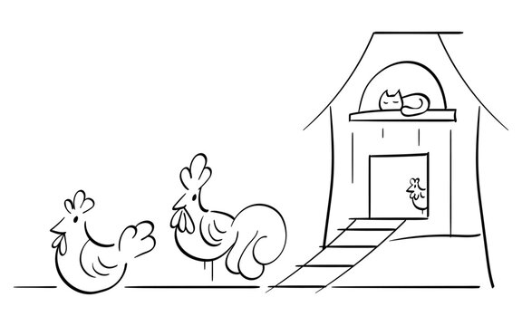 Line art illustration of chickens and rooster by a chicken coop