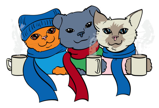 Cute Cartoon Kittens with steaming mugs of milk wearing scarves.