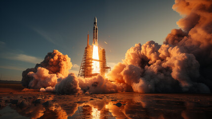 a rocket launching from a platform with smoke and clouds - obrazy, fototapety, plakaty
