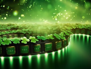 Patrick's Day background with four-leaf conveyor belt vector background. Happy green background for St. Patrick's Irish Beer Festival, AI generator