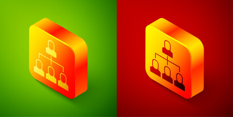 Isometric Business hierarchy organogram chart infographics icon isolated on green and red background. Corporate organizational structure graphic elements. Square button. Vector