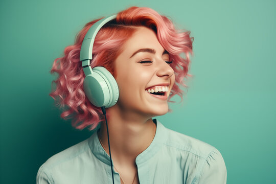 A Woman With Pink Hair Wearing Headphones