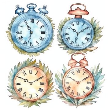 set vintage alarm clock of watercolors on white background