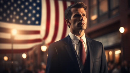 Abstract male politician on the background of the American flag