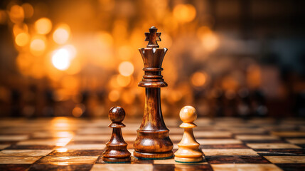 wallpaper of a chess monarch on the chessboard, blurred background and empty copy space