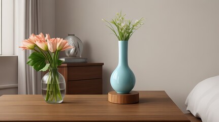 Modern Bedroom Interior with Two Vases of Flowers on Wooden Dresser in a Cozy, Elegant, and Minimalist Style