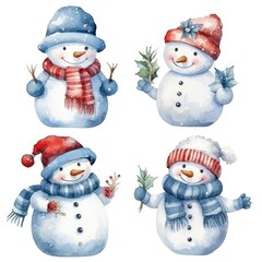 set snowman of watercolors on white background