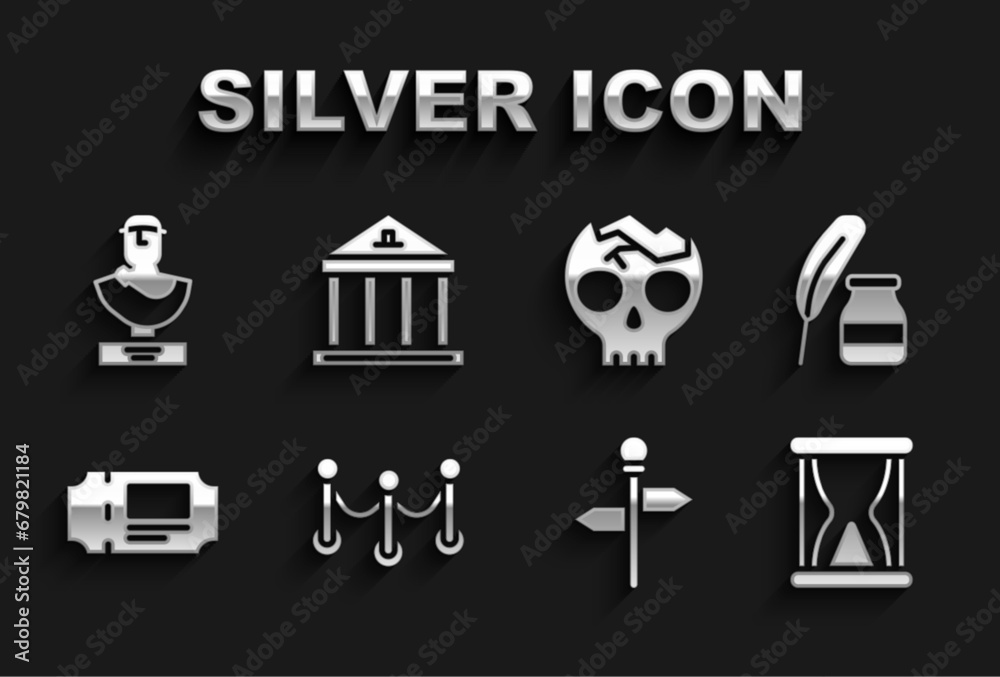 Sticker Set Rope barrier, Feather and inkwell, Old hourglass with sand, Road traffic signpost, Museum ticket, Broken human skull, Ancient bust sculpture and building icon. Vector