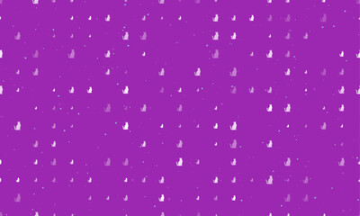 Seamless background pattern of evenly spaced white cat icons of different sizes and opacity. Vector illustration on purple background with stars