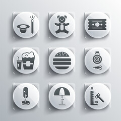 Set Sun protective umbrella, Striker attraction with hammer, Classic dart board and arrow, Burger, Tree, Popcorn in box glass, Magic hat wand and Ticket icon. Vector