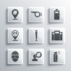 Set Protest, Pepper spray, Police assault shield, rubber baton, Special forces soldier, Location peace, and icon. Vector