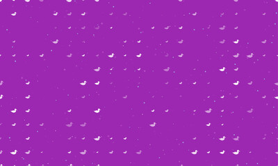 Seamless background pattern of evenly spaced white duck symbols of different sizes and opacity. Vector illustration on purple background with stars