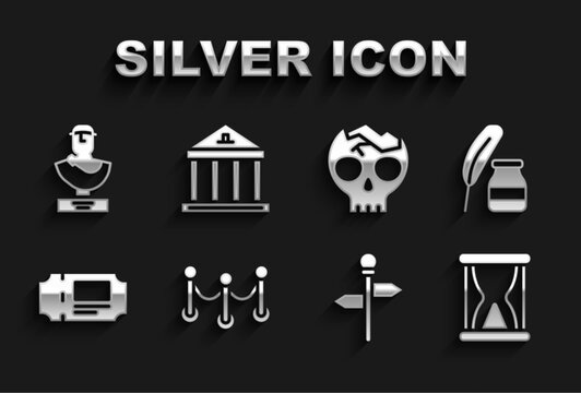 Set Rope barrier, Feather and inkwell, Old hourglass with sand, Road traffic signpost, Museum ticket, Broken human skull, Ancient bust sculpture and building icon. Vector