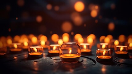 Burning candles on wooden table in dark room, space for text - obrazy, fototapety, plakaty