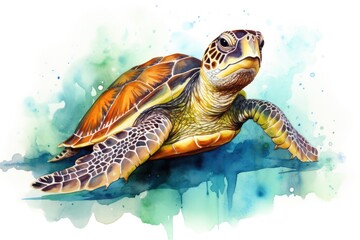 watercolor Turtle illustration with splash watercolor textured background