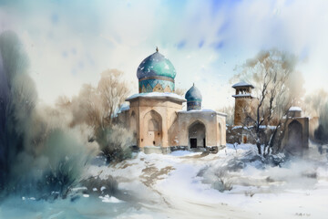 Uzbekistan in winter, watercolor. AI generative - obrazy, fototapety, plakaty