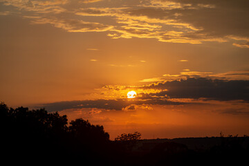 Orange sunrise on the horizon with emphasis on the sun's rays and birds in the distance. Idyllic Setting