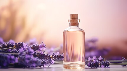 Obraz na płótnie Canvas a bottle of liquid next to purple flowers