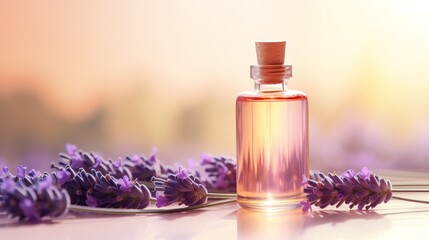 a bottle of liquid next to purple flowers