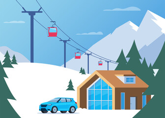 Ski resort. Winter mountain landscape with lodge, ski lift and car in front. Winter sports vacation banner. Vector illustration.