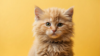 Fluffy kitty looking at camera isolated on yellow background
