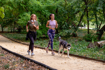Two female joggers pursuing their activity outdoors. They are running with a husky dog on the jogging track in the park.