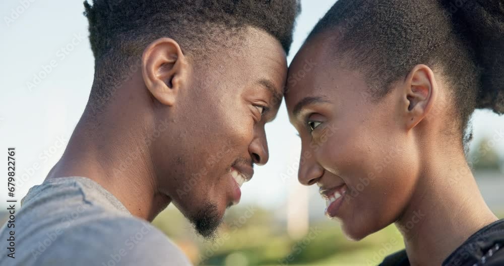 Wall mural Face, smile and an exercise black couple training outdoor for health, wellness or a workout together. Fitness, love or support with a young man and woman athlete laughing during their cardio routine