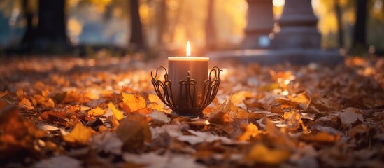 Burning candle in a candlestick on the background of autumn leaves - obrazy, fototapety, plakaty