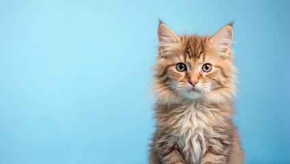 Fluffy kitty looking at camera isolated on blue background