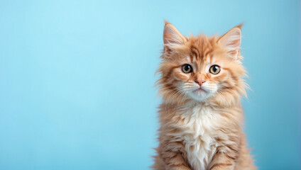 Fototapeta premium Fluffy kitty looking at camera isolated on blue background