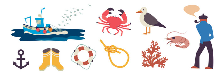 Set of icons on the fishing theme. Fishing boat, catch of the day in Britain. Vector illustrations separated on a white background - obrazy, fototapety, plakaty