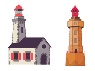 Two Lighthouses, in Bretagne, france. Vector illustrations on a white background.